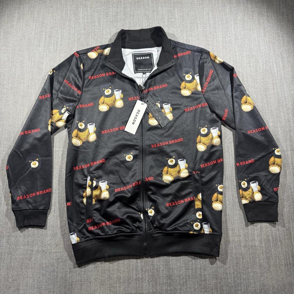 Reason Brand Jacket Mens Medium Black Bear Print Track Full Zip Streetwear